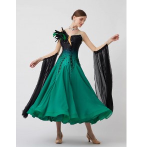 Custom Size green gradient competition ballroom dance dresses for women girls dimond feather waltz tango rhythm dance gown